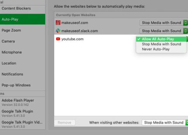 prilagodite nastavitve samodejnega predvajanja za YouTube v nastavitvah Safarija na Macu
