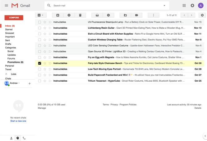 Posnetek zaslona klasične teme Gmail Andrewa Powella