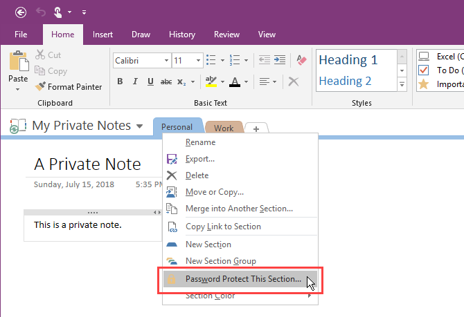 Izberite Zaščita gesla Ta razdelek v OneNote 2016