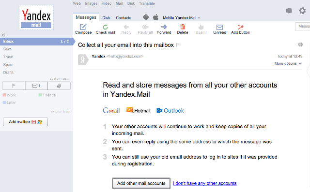 storitve brezplačne e-pošte-yandex-pošte
