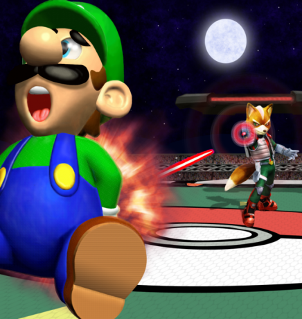 Luigi napadel Fox v Smash Bros.