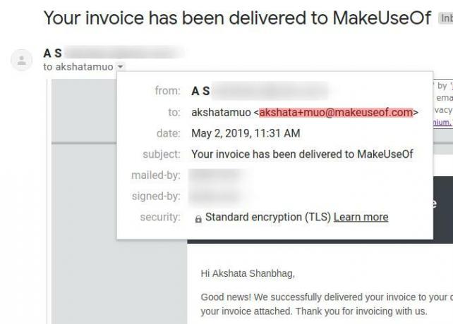 E-poštno sporočilo, ki ste ga prejeli v Gmailovem vzdevku, ustvarjenem z ločevalnikom