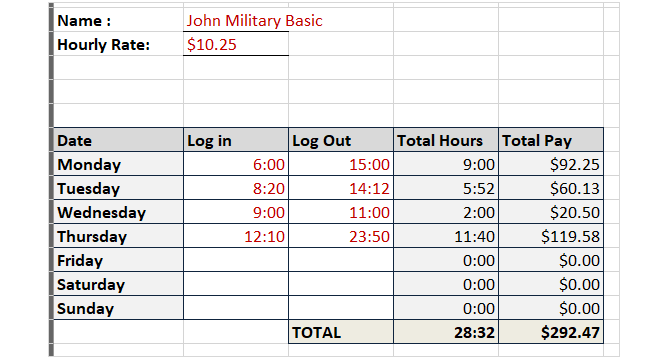 predloga časovnega lista sledenje ur vojaški čas brez odmorov excel