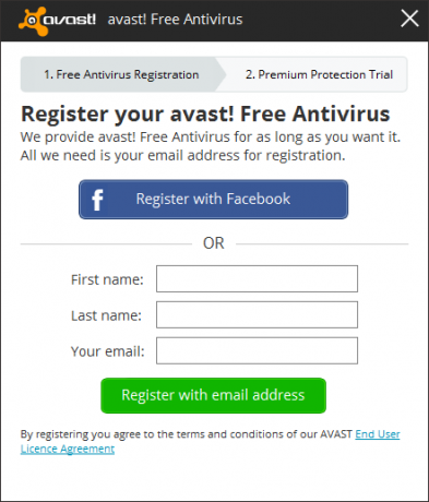 Avast - Register - Vnesite podatke