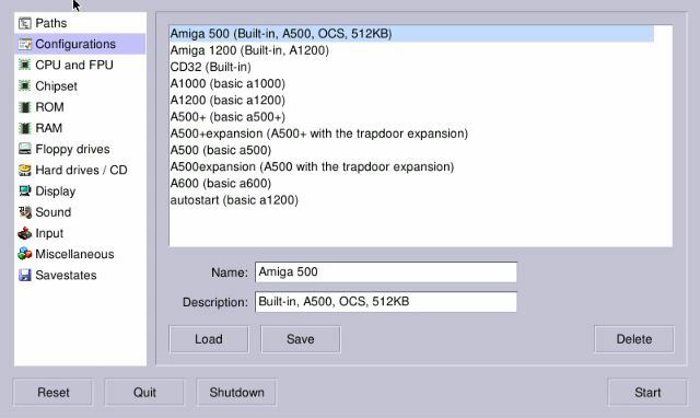 Izberite konfiguracijo za emulacijo Amiga